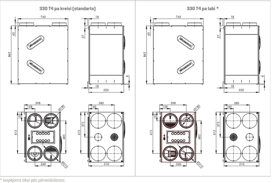 Renson Endura Delta 330 T4 heat recovery system dimensions / sizes