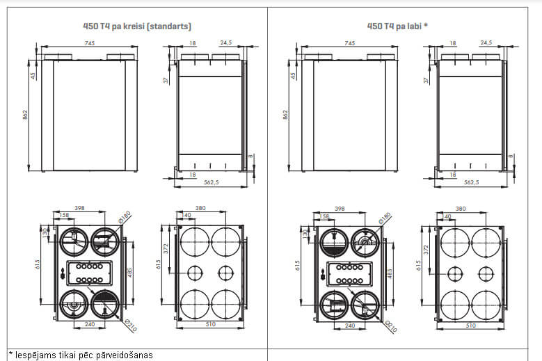 Renson Endura® Delta 450 T4 centralised heat recovery system dimensions